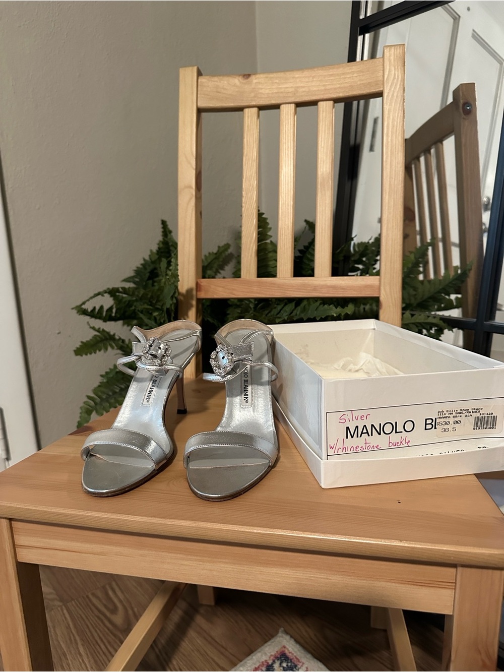 Manolo Blahnik Silver Crystal Buckle Strappy Heels